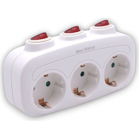 Multiprise Schuko triple blanche avec interrupteur individuel, 3 prises avec interrupteur, adaptateur avec interrupteur individuel, puissance max. 3680 W, 16 A/250 V, triple connexion antivol (1/5)
