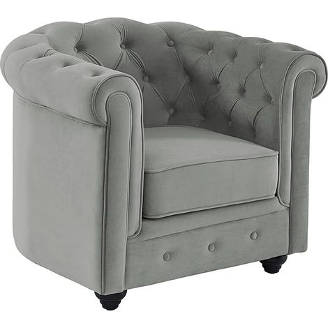 Vente-Unique – Fauteuil club chesterfield 1 place – Velours gris clair 100% polyester – Dossier capitonné – Assise déhoussable – Confort équilibré (1/5)