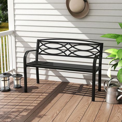 GOPLUS Banc de Jardin en Métal Robuste avec Dossier, Accoudoirs Incurvés, Banquette Jardin Siège à Lattes pour 2 Personnes, Charge 300KG, pour Piscine, Porche, Parc,116x49x83CM (1/5)