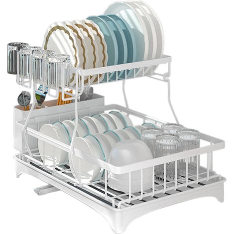 Égouttoir à vaisselle de cuisine, grand égouttoir à 2 niveaux en acier inoxydable avec plateau de réception d'eau blanc (1/5)