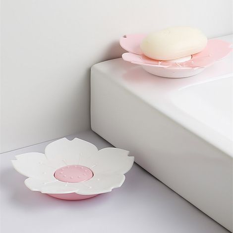 Seifenschale mit Kirschblütenmotiv, Seifenabtropfschale in Blumenform, Seifenbox aus Kunststoff, leicht zu reinigen, weiß