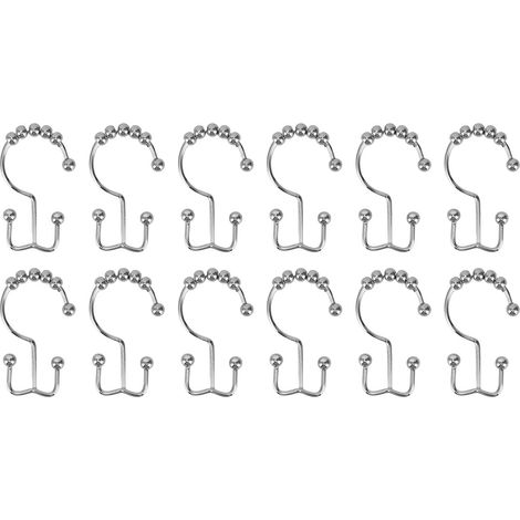 Crochets de douche en acier inoxydable 12 pièces, anneaux de rideau de douche double crochet anti-corrosion polis argent (1/5)