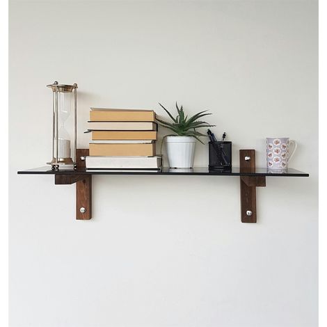 Étagère murale en verre fumé - supports bois foncé LHASA (1/5)
