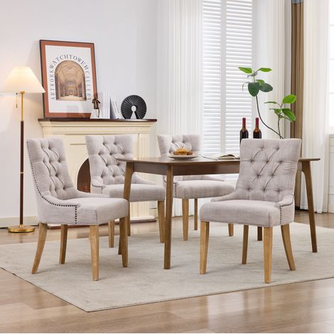 Esszimmerstuhl beige mit Massivholzbeinen und Polsterung, elegantes Design und hoher Sitzkomfort,56.5x63x92cm (1/5)