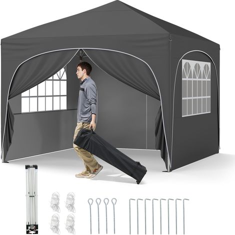 Tonnelle pliante grise 3 x 3 m en tissu Oxford déperlant avec 4 parois amovibles et sac à roulettes pour jardin parc et plage (1/5)
