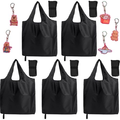 Lot de 10 sacs de courses pliables noirs Sacs de transport réutilisables et porte-clés pour adultes (1/5)