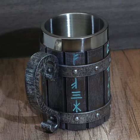 Chope à bière en tonneau de bois Viking - tasse à café cool en acier inoxydable avec poignée (1/5)