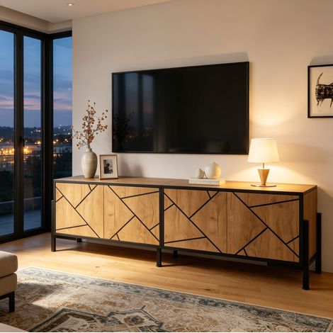 Meuble TV bas 153 x 40 x 50 cm, 4 portes, motif géométrique contrasté, rangement double niveau, supporte un écran jusqu’à 65 pouces, bois clair et noir - CHICFURN (1/5)