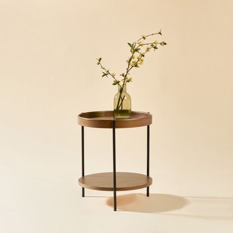Table d'Appoint Ronde en Bois Massif et Métal à Double Plateau de Style Moderne - 44x44x48cm - Noyer (1/5)