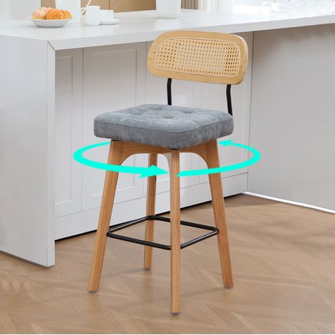 Lot de 2 tabourets de bar pivotants 360° 44x51x96 cm, dossier effet rotin, métal noir et chenille gris (1/5)