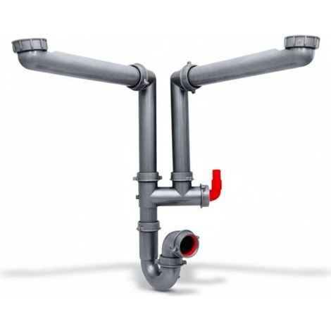 Siphon pour évier de cuisine 2 cuves, tubulure gain de place en plastique 40x49 et prise lave-vaisselle intégrée, (1/5)