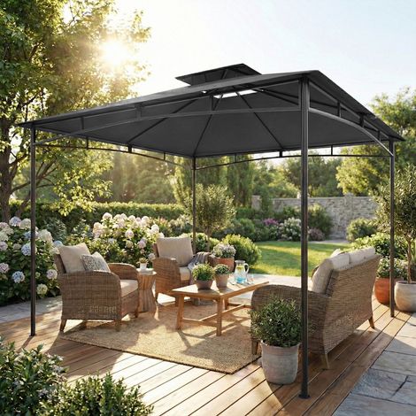 Pavillon 3x3m Wasserabweisend Stabil Winterfest Gartenpavillon mit zurückziehbar Obenrahmen Doppeldach Dunkelgrau