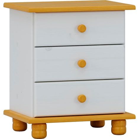 Mesita 3 cajones , pino macizo, Moblit, serie Canet, medidas: (55x48x34) cm ( altoxanchoxfondo), color blanco-miel