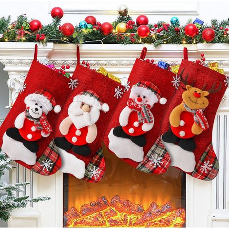 4PCS Chaussette de Noël, Grande capacité, Flanelle et Non tissé, Boucle de suspension, Décoration pour arbre et cheminée (1/5)