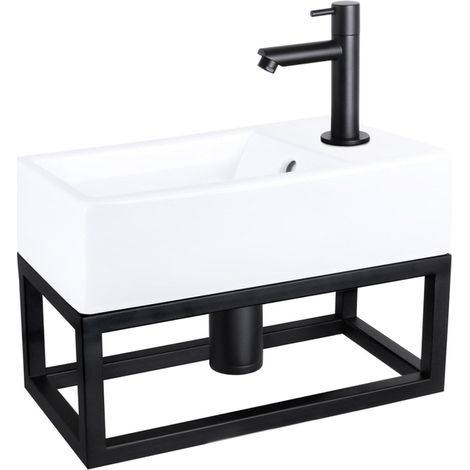 Differnz Force Set lave-mains 40x22x8cm 1 trou avec robinet droit et siphon + bonde noir mat Rectangulaire Céramique Blanc (1/5)