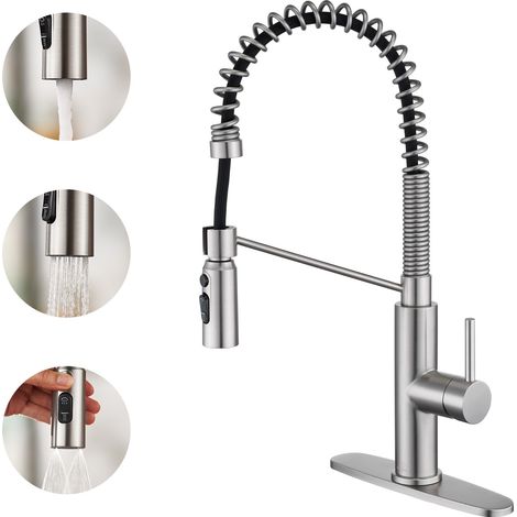 Robinet de cuisine à douchette extractible, monocommande, montage sur plage, finition nickel brossé (plaque de montage incluse) (1/4)