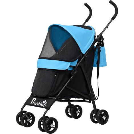 Cochecito para perros pequeños con estructura paraguas, cojín lavable, portavaso, ventanas de malla, bolsa azul