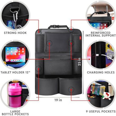 Organisateur de siège arrière de voiture, avec support pour tablette tactile et 9 poches de rangement (2 pièces noires) (1/4)