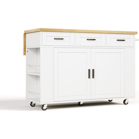 Isola da cucina con piano ribaltabile, carrello in MDF, 120 x 70 x 84 cm, bianca e naturale (1/5)