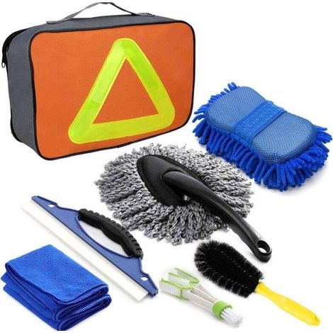 7CS Car Cleaning Kit, Car Wash Tools, Wheel Brush, Window Brush, Water Scraper, Microfiber Cloth, Double Brush Head