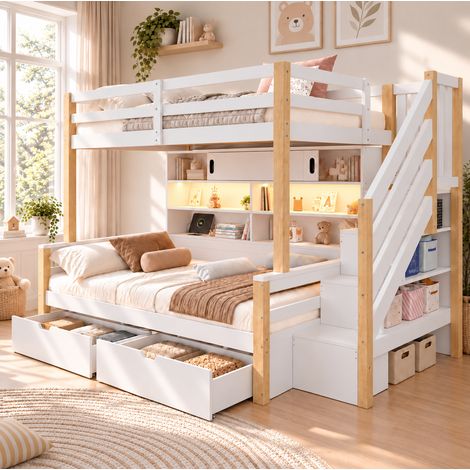 MODFU – Litera 90x200 cm de pino/MDF con LED, USB-C, escalera de almacenamiento, puertas correderas y carga 120 kg – Blanco (1/5)