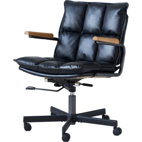 Silla de oficina ergonómica de piel negra con ruedas, reposabrazos de madera y altura ajustable (1/5)
