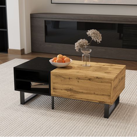 Mesa baja negro y madera, mesa de salón con estructura en bloques de color, con compartimentos y cajones, patas de metal (1/5)