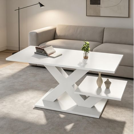 Mesa de centro blanca 100 x 48 x 45 cm en MDF, doble tablero, patas en X OKMYHOME (1/5)