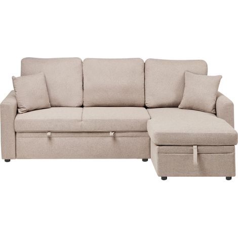 Eckschlafsofa 3-Sitzer NASSJO Kunstleinen Hellbraun mit Stauraum linksseitig (1/5)