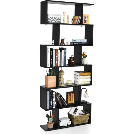 Libreria 6 livelli forma S dispositivo antiribaltamento scaffale legno casa ufficio Nero (1/4)