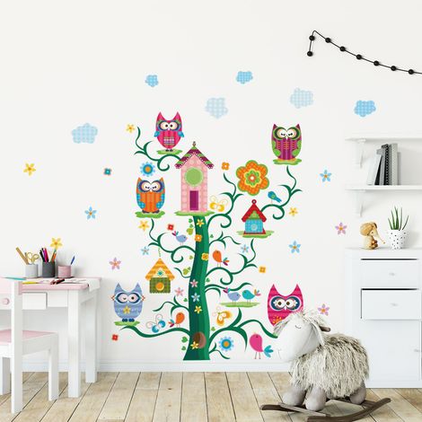 Stickers muraux Sticker Mural Autocollant - ENFANT HIBOUX ET LEURS ARBRE MAGIQUE - adhésifs fond transparent - 120x165cm (1/5)