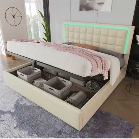Letto matrimoniale imbottito 180x200 cm con rete, contenitore idraulico e LED bianco OKWISH (1/5)