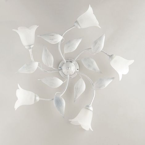 Lámpara de techo en hierro plateado blanco cinco luces Alabastro vidrio blanco 70x h20 cm