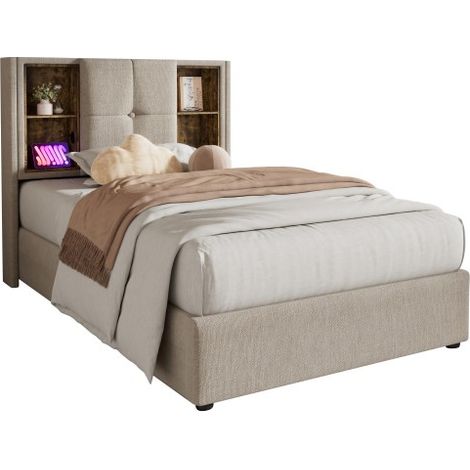 Lit simple avec chargement sans fil USB C,cadre de lit rembourré 90x200cm,cadre de lit avec rangements,sommier à lattes en bois et lin naturel (sans matelas (1/5)