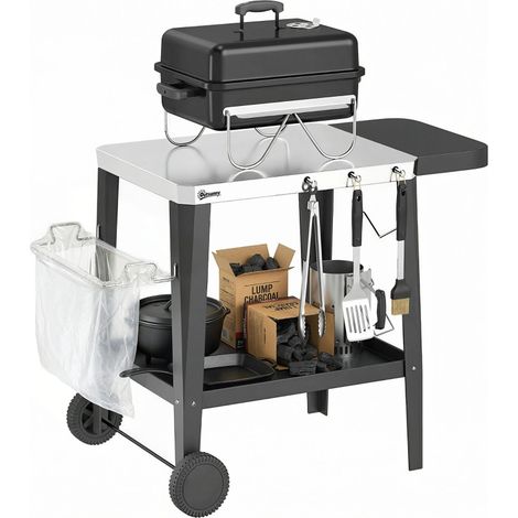 Desserte Jardin 2 Niveaux Plateau en Inox avec Table Latérale Pliable et Roulettes, 115x67,5x80,5cm, Noir (1/5)