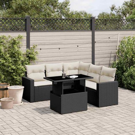 Ensemble salon jardin 6 places résine tressée noir avec coussins crème - Table extensible verre trempé - Meuble terrasse modulaire (1/5)