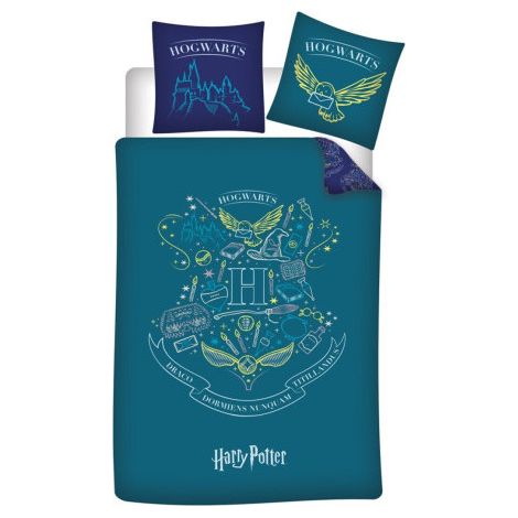 Parure de lit réversible Harry Potter - Blason -Hogwarts- - Bleue et Vert - 140 cm x 200 cm (1/2)