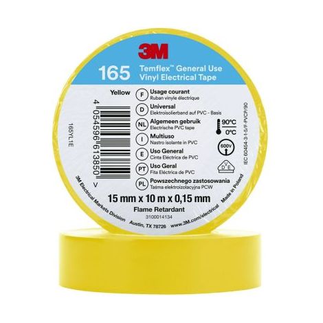 Ruban isolant 3M Temflex 165 en Vinyle Jaune 10m x 15mm x 0.152mm ( Prix pour 1 )
