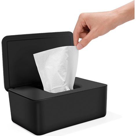 Klicken Sie, um das vollständige Bild zu sehen. Feuchttuchbox mit Deckel, Spender für Babytücher, auslaufsichere und luftdichte Aufbewahrungsbox, Feuchttuchspender für Bad und Küche, schwarz. (1/5)