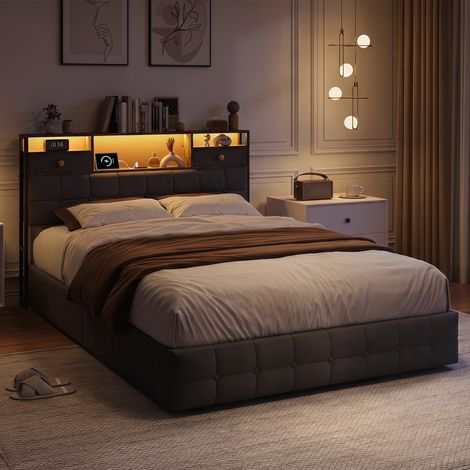 Lit double 140x200 cm - Tissu velours - Lit coffre - Rangement de chevet - Éclairage LED - Port USB - Sommier à lattes (1/4)