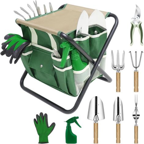 10-teiliges Gartenwerkzeug-Set mit verstärktem Klapphocker und abnehmbarer Aufbewahrungstasche (1/5)