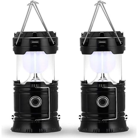 Lampe de camping à LED, prise et rechargeable solaire, avec batterie externe, étanche et coupe-vent, pour randonnée, camping, urgence, ouragan, pêche de nuit, IP66 étanche, pack de 2 [Classe énergétiq (1/5)