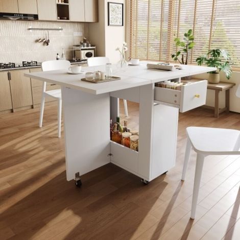 Table de cuisine pliante 120x75x75 cm avec roulettes verrouillables, îlot mobile avec rangement, 2 tiroirs, pour 2-4 personnes, blanc