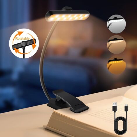 24-LED-Leselampe, wiederaufladbare Klemmleuchte fürs Bett, 315° drehbar, 5 Helligkeitsstufen und 3 Farben, leicht und tragbar