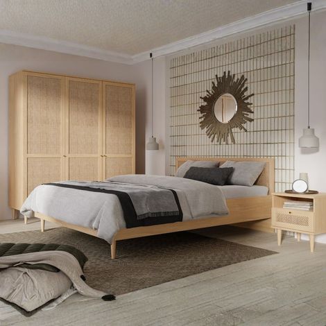 Letto matrimoniale Livia con testiera effetto rattan colore rovere (1/5)