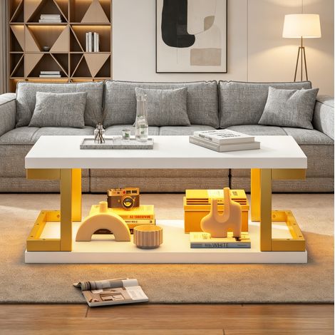 Table basse 100x50x37,5 cm blanc et doré avec LED, rangement ouvert, MDF et métal MEUBLIV (1/5)