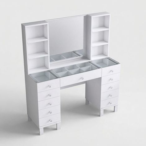 Coiffeuse 11 tiroirs avec miroir et plateau transparent 120 cm blanc (1/5)