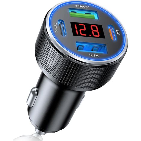Per caricabatterie da auto USB-C, caricabatterie da auto USB in metallo a 4 porte da 78 W con voltmetro, caricabatterie da auto per telefono con doppia porta USB-C e presa accendisigari (1/5)