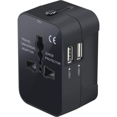 Adaptateur de voyage, adaptateur secteur universel tout-en-un dans le monde entier, chargeur mural international avec deux ports de charge USB pour téléphone portable US EU UK AUS Europe (noir)