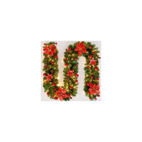 Guirlande de Noël, Couronne de Noël Artificielle avec lumières, 270cm Guirlande Sapin Lumineuse, Decoration Noel Interieur Sapin Convient Aux Patios,avec Boules Rouges et Fleurs
